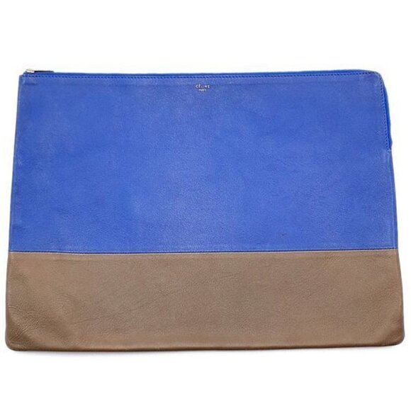 Celine Paris Lambskin Bi-Color Large Clutch Pouch Royal Blue Brown - Picture 1 of 6